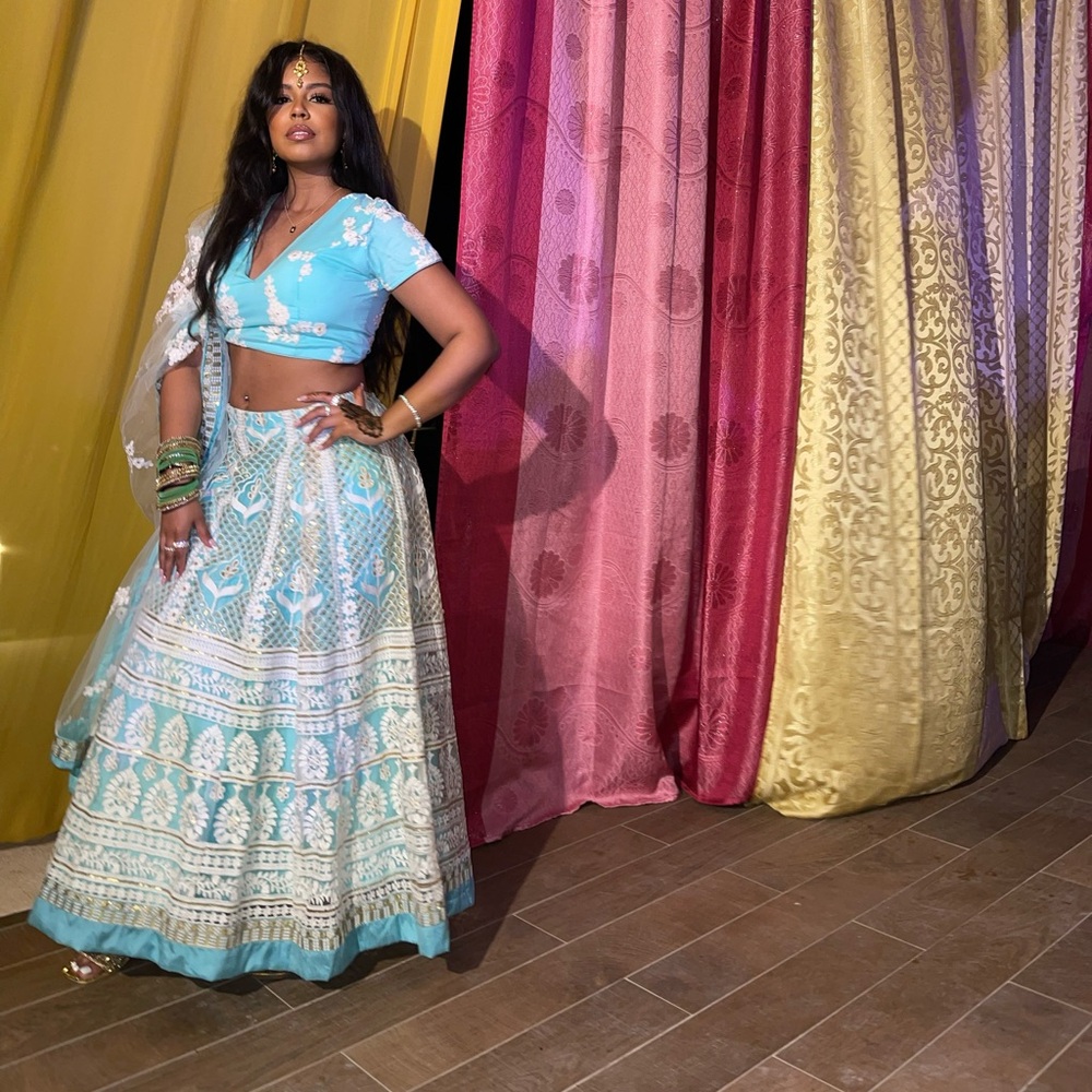 Turquoise/Baby Blue White and Gold Lehenga Choli Dupatta